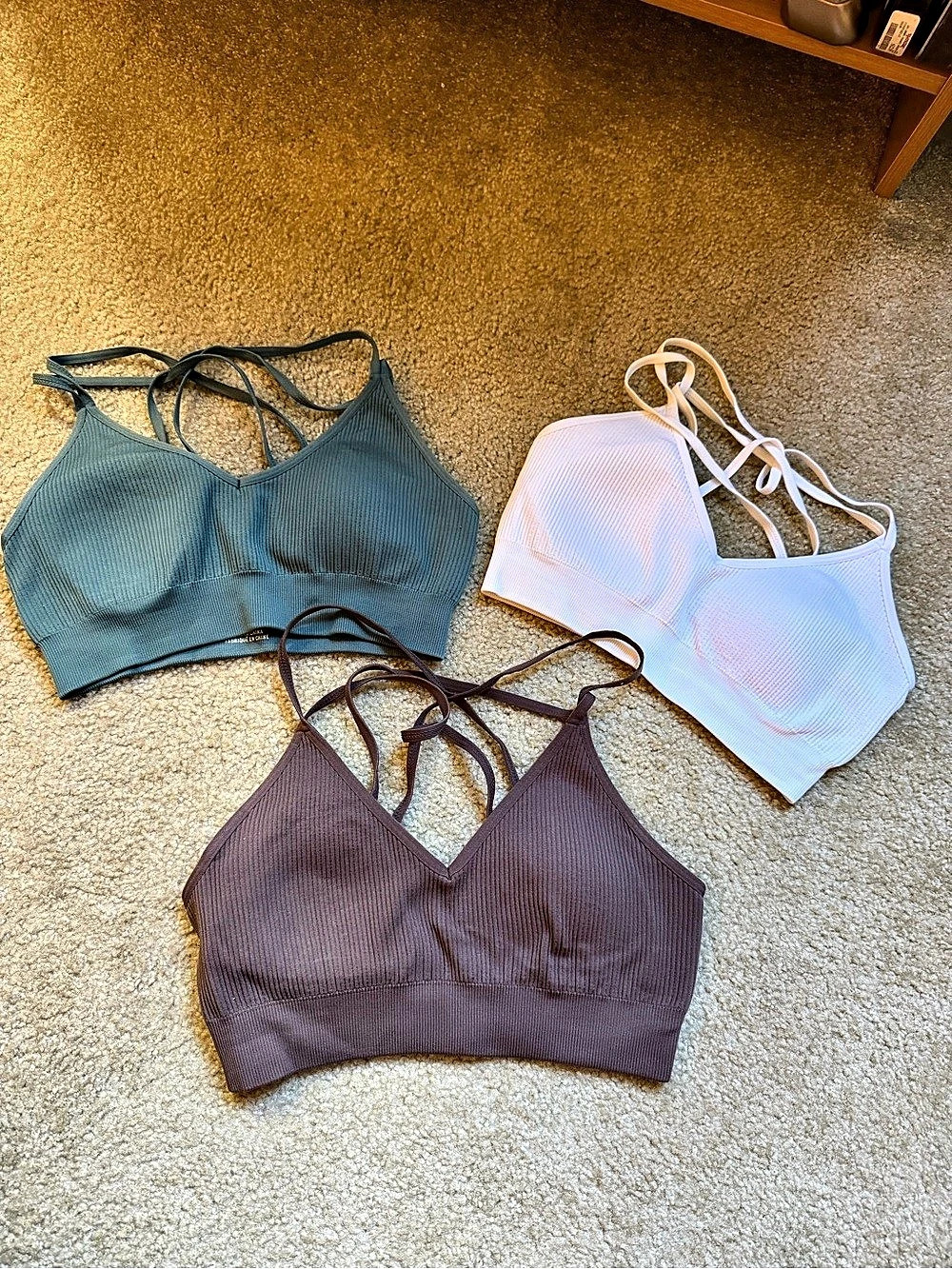 Aerie Ribbed Sports Bra 3-Pack in Teal, Brown, & White — Medium Like New